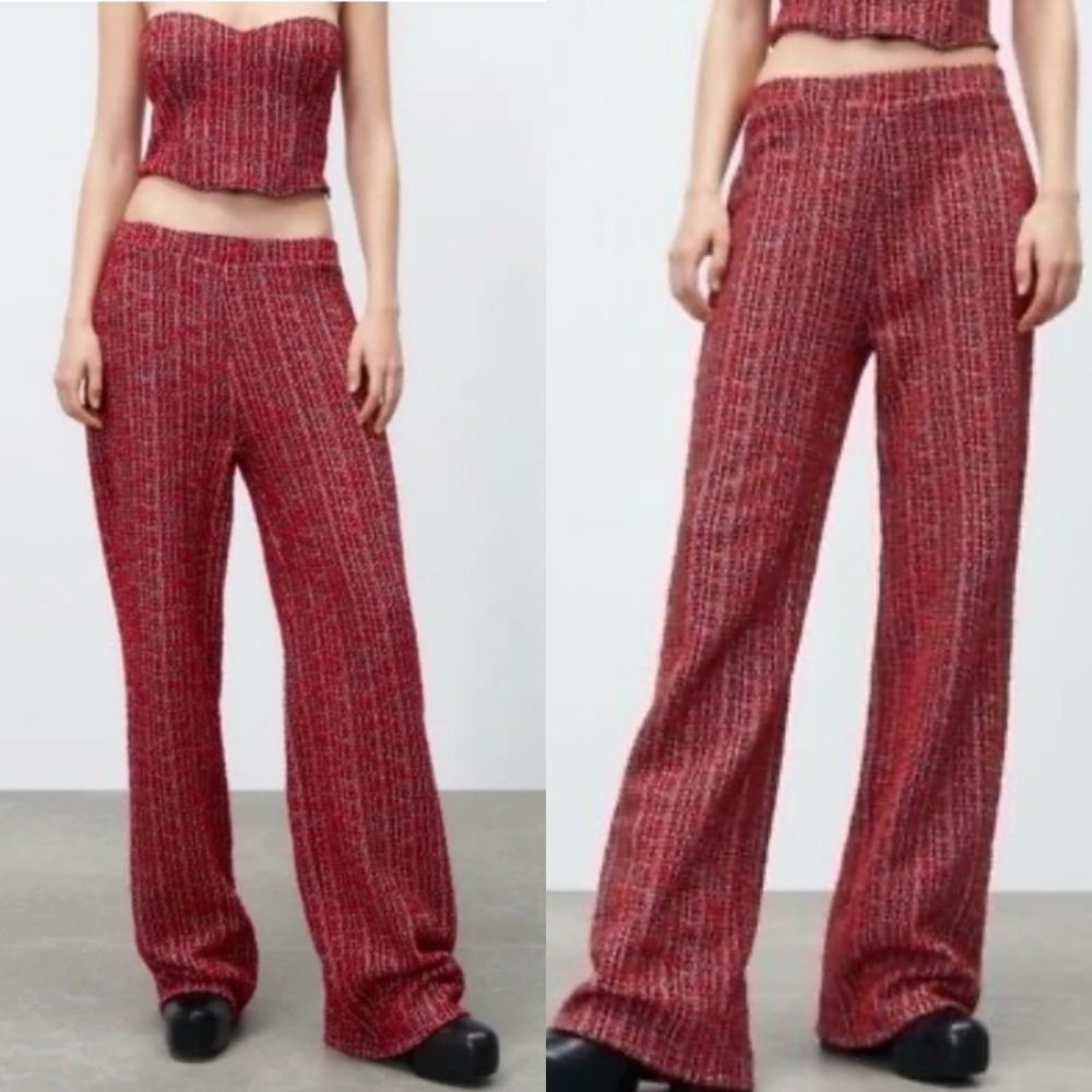 ZARA Red Chanel Style Preppy Tweed Textured Pull On Wide Leg Pants